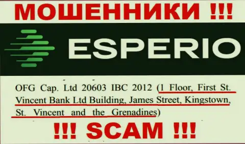 Преступно действующая компания Esperio находится в офшоре по адресу - 1 Floor, First St. Vincent Bank Ltd Building, James Street, Kingstown, St. Vincent and the Grenadines, будьте осторожны