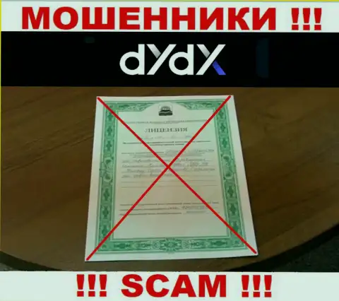 У организации dYdX напрочь отсутствуют сведения о их лицензии - это коварные интернет лохотронщики !!!