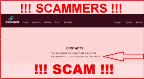 Coinumm Com phone number is listed on the scammers web-site
