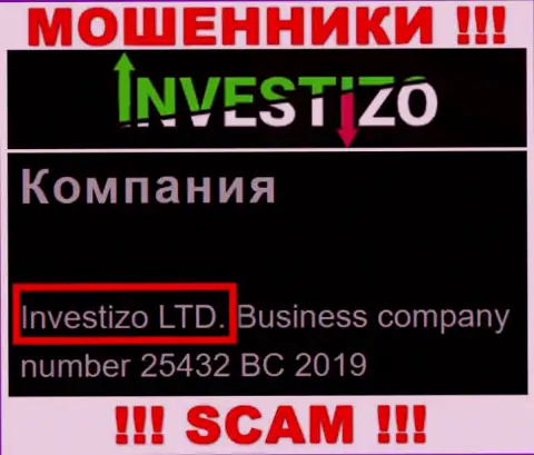 Сведения об юр лице Investizo Com у них на сайте имеются - это Investizo LTD