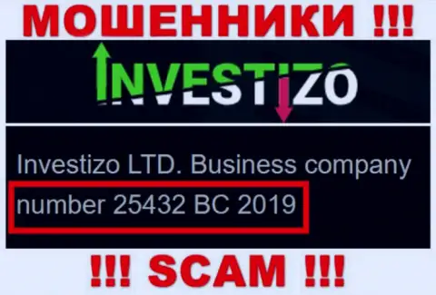 Инвестицо Лтд интернет жуликов Investizo было зарегистрировано под этим номером - 25432 BC 2019