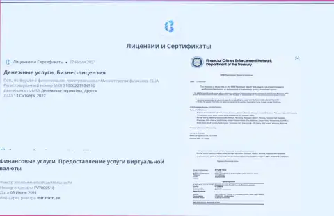 Сертификаты и лицензии, имеющиеся у онлайн-обменника БТЦ Бит